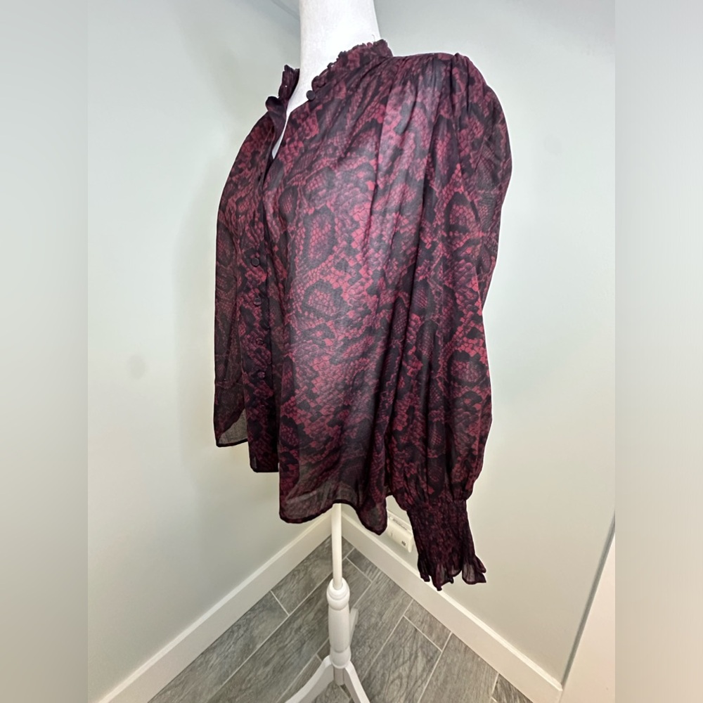 ALLSAINTS Leonie Stanza Shirt in Burgundy Red Python Sheer Print US Size 6 - Picture 5 of 17